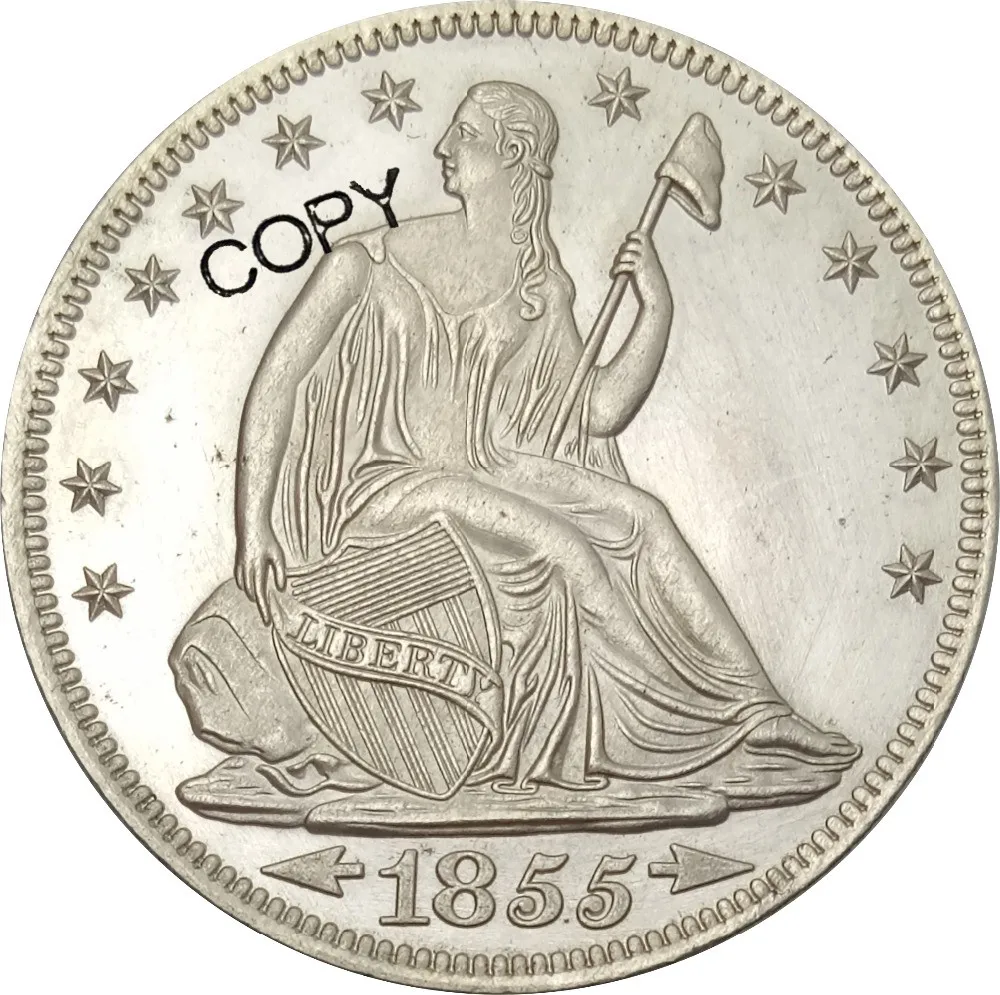 

Соединенные Штаты свобода сидение половина доллара нет девиза над стрелками орла на дате Нет лучей 1855 O Латунное серебряное Копирование Монеты