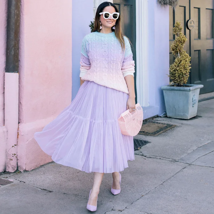 

Spring Autumn Tulle Skirts Women Tutu Mesh Maxi Skirt 70cm High Waist Pleated Long Skirt faldas ytl099 F045