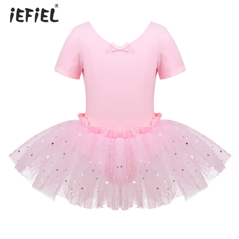 

Cute Kids Girls Short Sleeves Tutu Ballet Dance Dress Shiny Sequins Mesh Ballerina Ballet Dance Wear Gymnastics Leotard Costumes