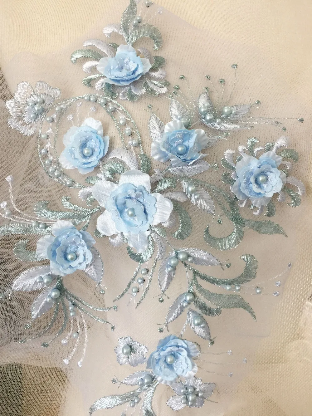 

9 Colors 2 pcs Blue Exquisite 3D Flower Pearl Bead Embroidery Lace Applique Beaded Lace Patch for Bridal Gown Dance Costume