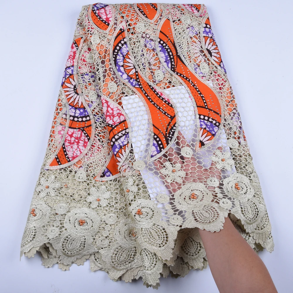 

African Ankara Wax Lace Fabric High Quality Embroidery Nigerian Cotton Lace For Wedding Dress Guipure Lace Fabric 5 Yards A1587