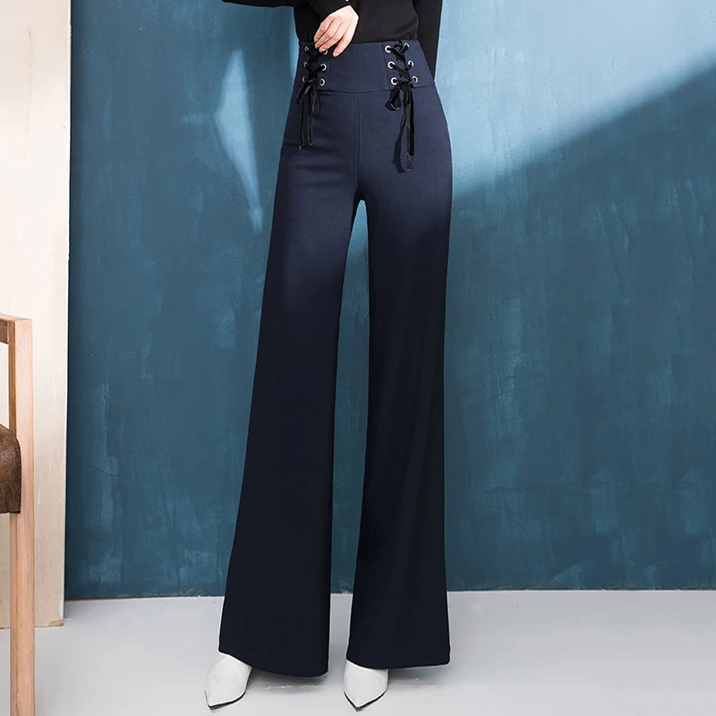 

2019 autumn new high waist tie wide leg pants women's pants drape straight long pants pantalones mujer cintura alta