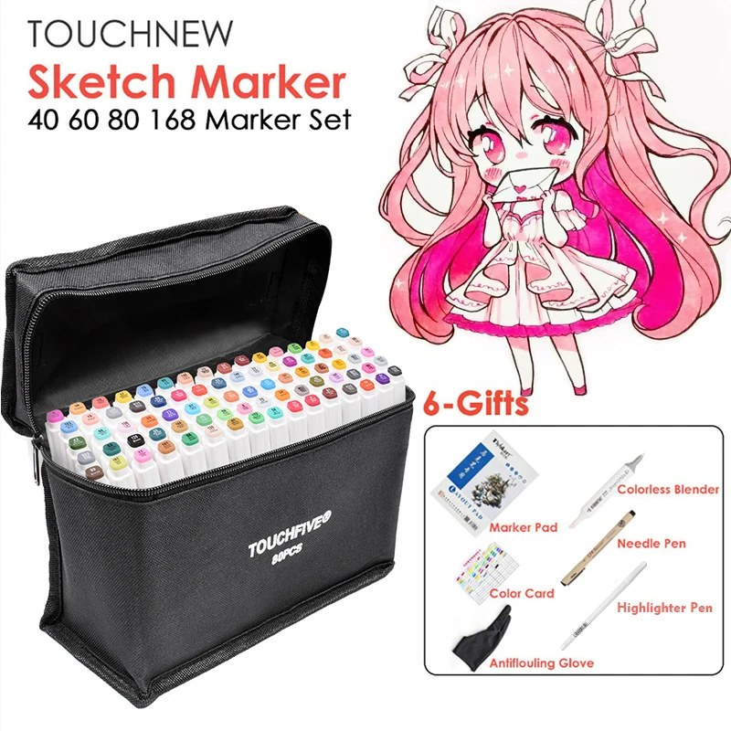 TOUCHNEW 40/60/80/168 Color Animation Marker Pen Set Drawing Sketch Pens Art Markers Alcohol Based Art Supplies With 6 Gifts