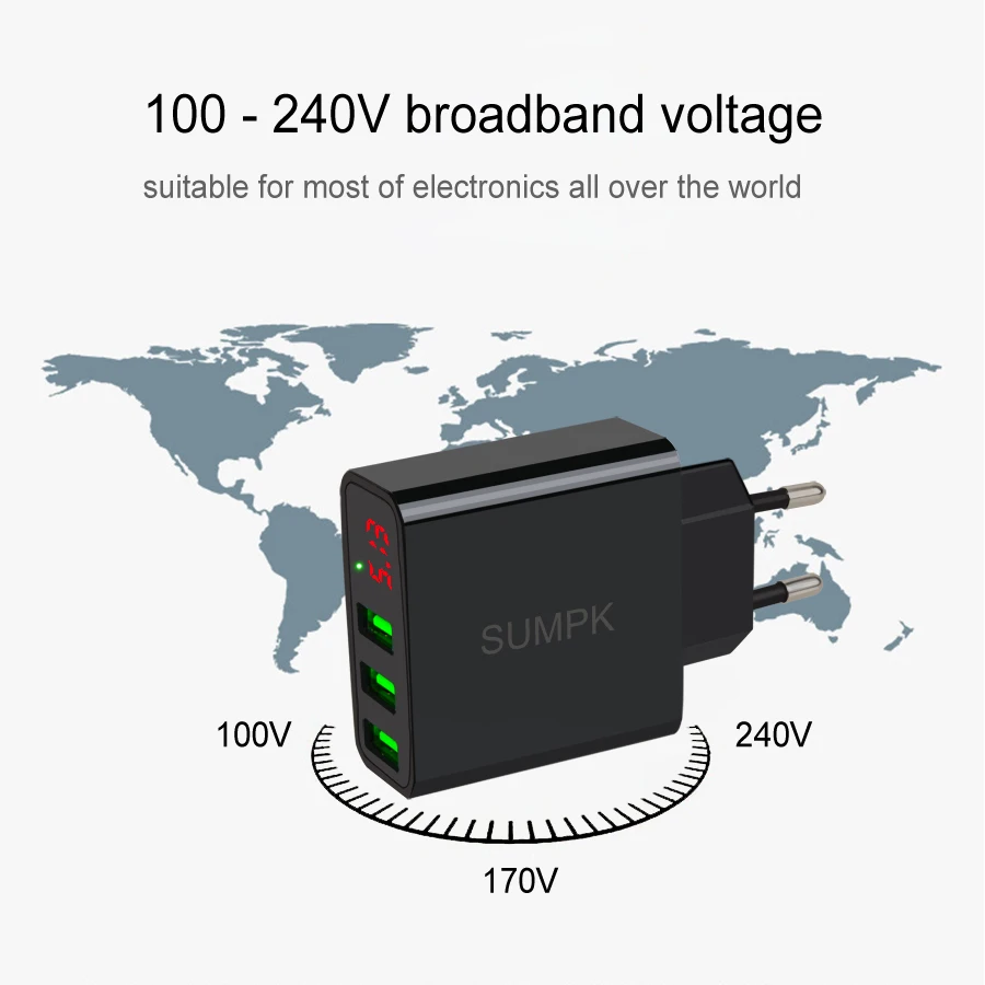 SUMPK usb настенное зарядное устройство 5V3. 1A светодиодный дисплей портативное зарядное устройство для телефона 3 USB зарядное устройство для мобильного телефона для путешествий с европейской вилкой для iphone samsung