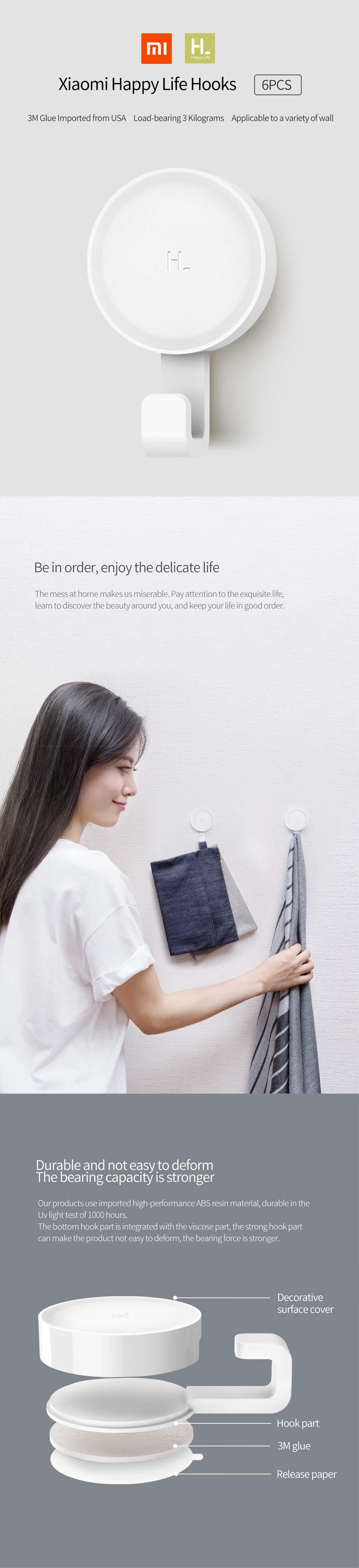 Xiaomi smart Mihome Happy Life белый крючок 6 шт. подходит для ванной спальни кухни стены 3 кг Максимальная нагрузка для xiaomi life