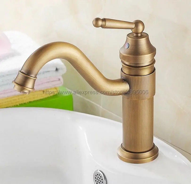

Antique Brass Bathroom Basin Faucet Single Handle Swivel Spout Vessel Sink Mixer Tap Bnf203