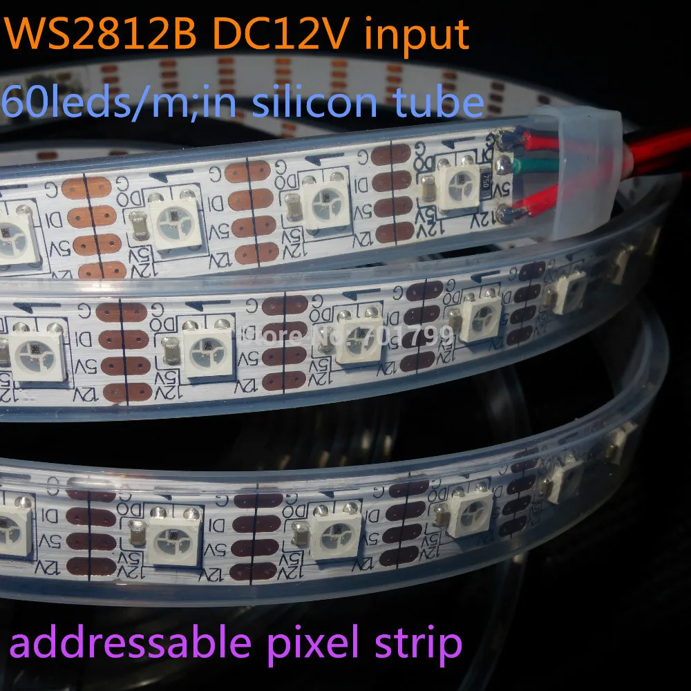 

4m DC12V WS2812B addressable pixel strip,waterproof in silicon tube;60pcs WS2812B/M with 60pixels;72W;WHITE pcb;4pin