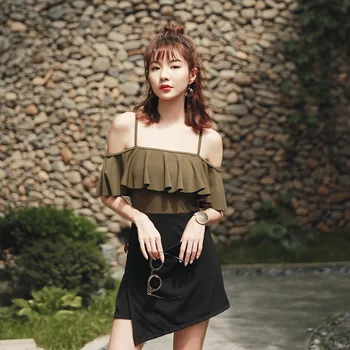 

Hirigin Ruffle Women Swimsuit One-Piece Swimwear Women Two Tone Hight Waist Push Up Paded Bra Monokini Beachwear Bathing Suits