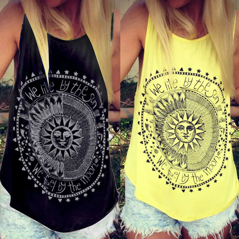 

Fashion Harajuku Women Stylish Sun Letters Circle Printed Tank Top Casual Cotton Fitness Tops 99 -MX8