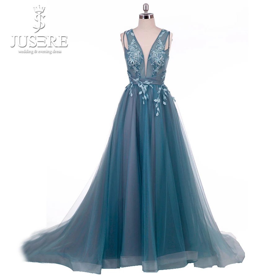 Cyan Evening Dress Blue Green V neck ...