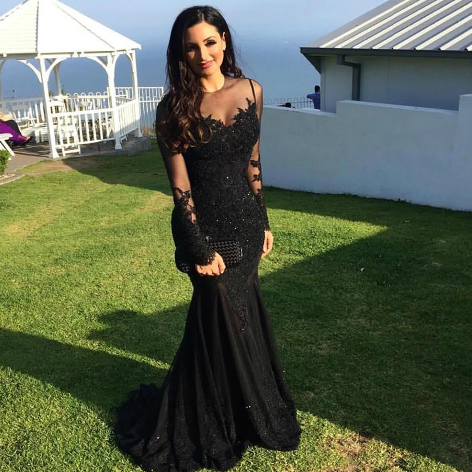Evening Dresses Long 2019 Arabic Prom Dress Lace Black Mermaid Long Sleeves Formal Party Dress Vestido De Festa Longo