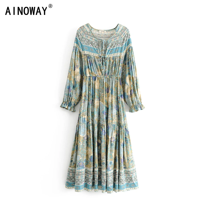

Vintage chic women long sleeve floral print beach Bohemian maxi dress Ladies lace-up rayon Boho pleated dress vestidos