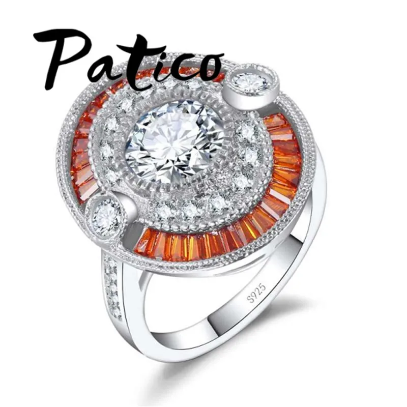 

PATICO Simple Round Big Finger Rings 925 Sterling Silver Wedding Engagement Rings For Women Champagne CZ Crystal Stone Rnigs