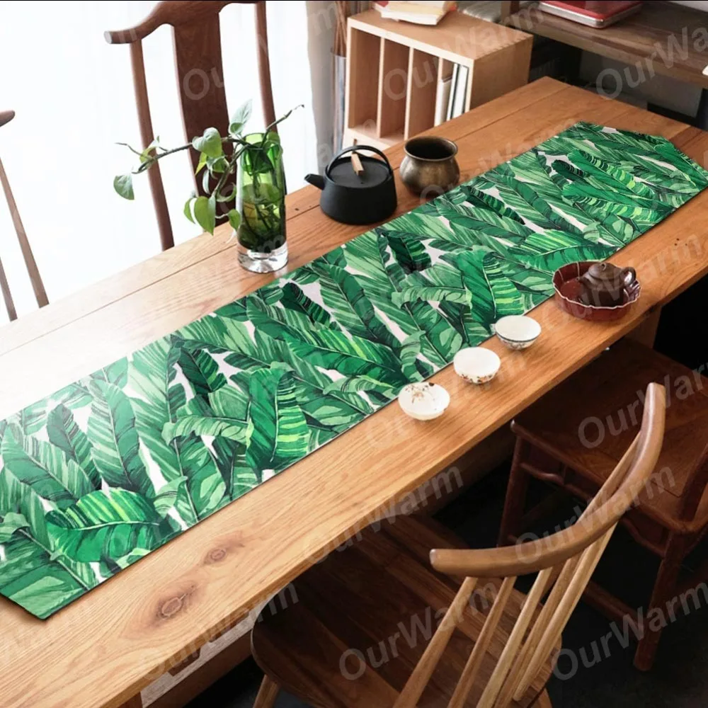 Us 12 39 30 Off Ourwarm Hawaiian Green Leaf Table Runner Home Textile Palm Banana Leaves Runners Tropical Party Decoration In