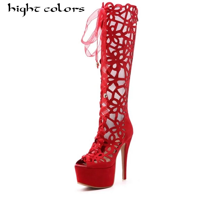 Cut Long Mode Talons Chaussures forme High Up Lace Bottes Du Pour Sexy red Plate Ouverts Parti Hauts Summer Stiletto Black Out Knee Femmes Orteil IwwFxRWSrq
