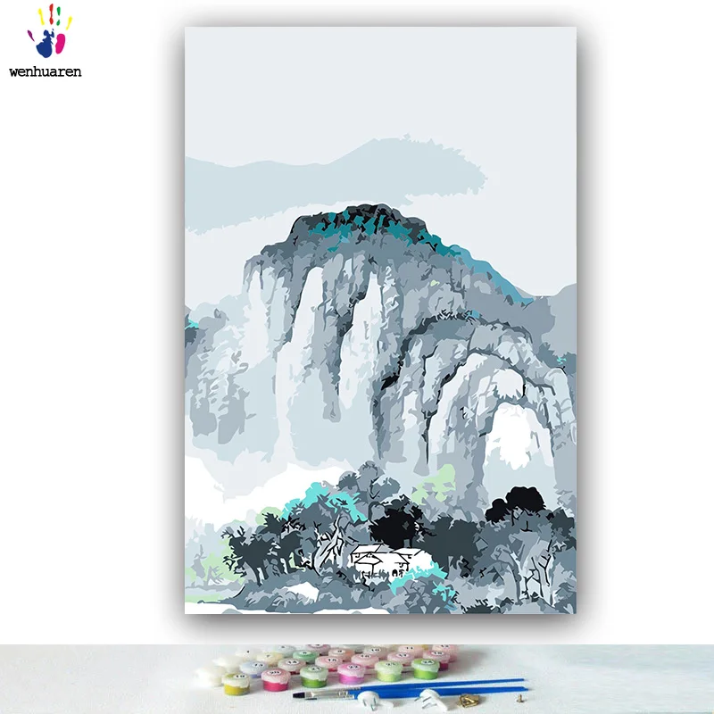 Сделай Сам картинки для раскраски по номерам с цветным китайским пейзажем, живопись тушью, картина для рисования, живопись по номерам в рамке для дома - Цвет: 10020