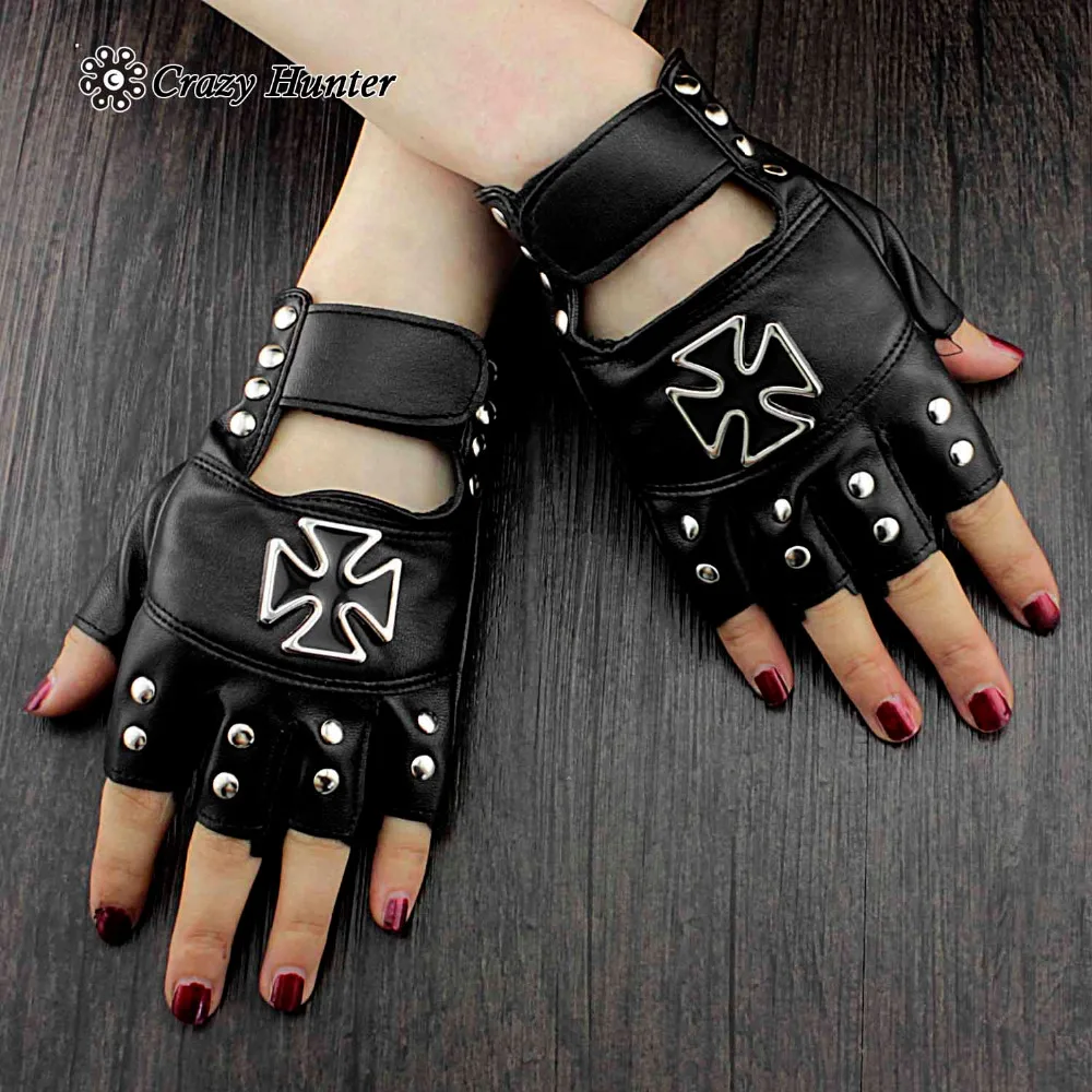 Quality Leather Gloves Conical Studs Unisex Fingerless Biker Punk Rock Metal