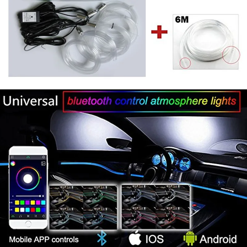 Newest 6M Sound Active RGB LED Car Interior Light Multicolor EL Neon Strip Light APP Phone