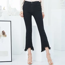 FERZIGE брендовые узкие брюки женские милые джинсы с кисточками и бисером с высокой талией женские уличные расклешенные брюки плюс размер черные брюки
