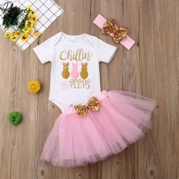 

Summer Sunsuit 3PCS Newborn Baby Girl Tops Bunny Romper Pink Tutu Skirt Outfit Clothes Set Easter Costume 0-18 Months
