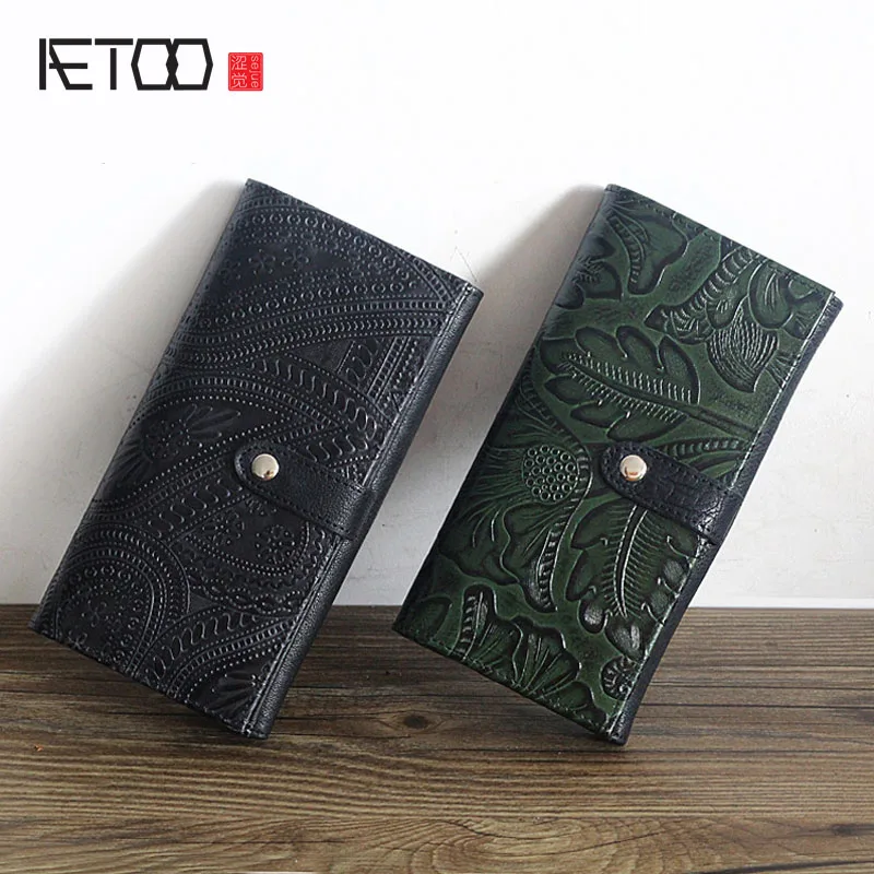 

BJYL Retro national Vintage walle leather long section ladies purse first layer cowhide original relief pattern women's handbag