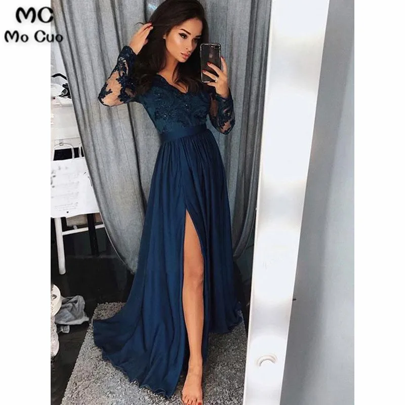 

2019 Long Sleeve Evening Dresses Long with Appliques Lace Front Split Chiffon Evening Party Dress for Women