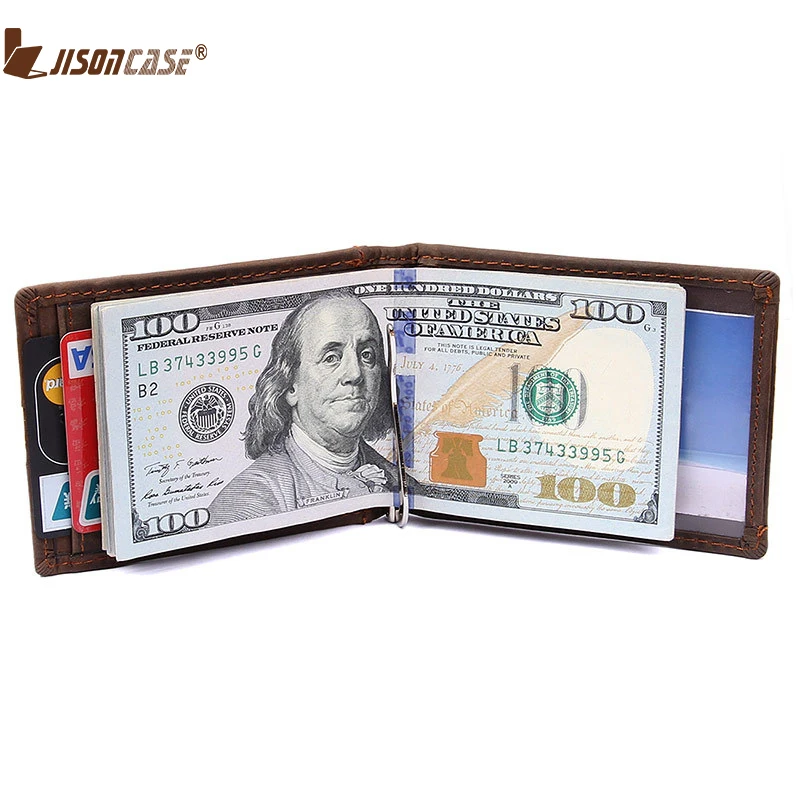 Jisoncase Money Clip Wallets RFID Men Bifold Crazy Hose Leather Dollar Wallet With Quick Access To Card Pocket Photo Window | Багаж и
