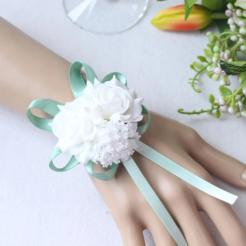 White Pink Red Wedding Rose Wrist Flowers Hand Corsage Boutonniere Pins (39)