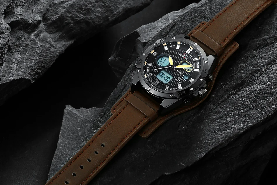 GOLDENHOUR Leder Sport Männer Analog Quarz Armbanduhr Armee Militär Datum Dual Display Outdoor_voghion.com
