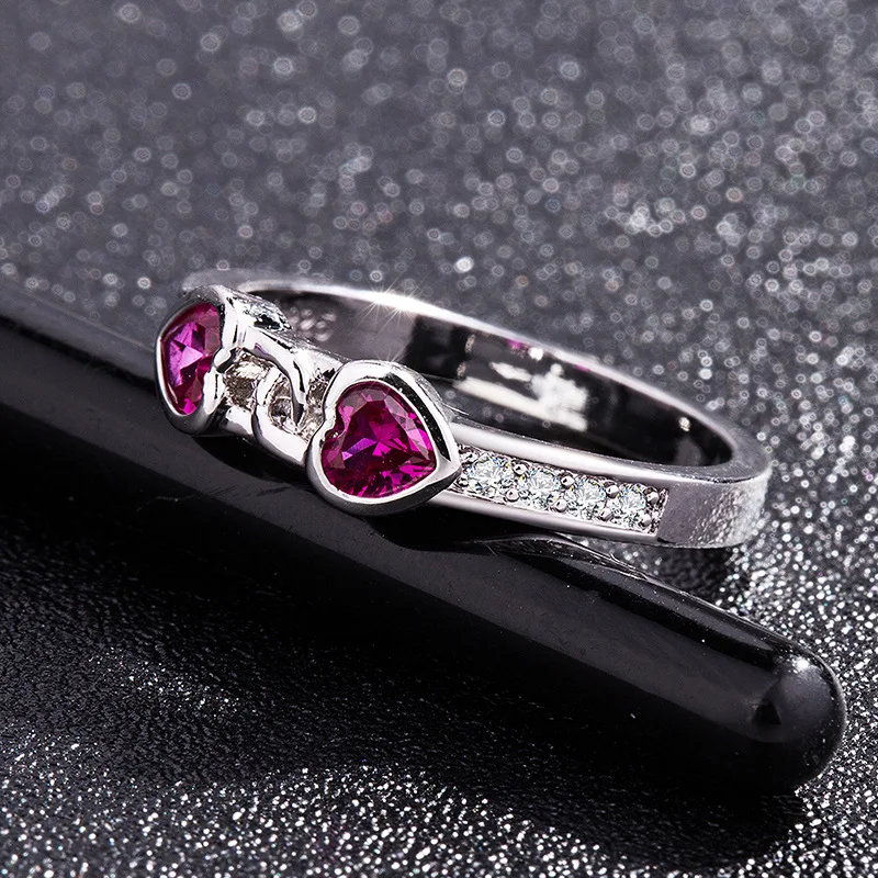 2 цвета, 925 серебро, двойной фиолетовый/красный цвет, в форме сердца, кристалл, циркон, обручальное кольцо для женщин, кольцо, вечерние ювелирные изделия