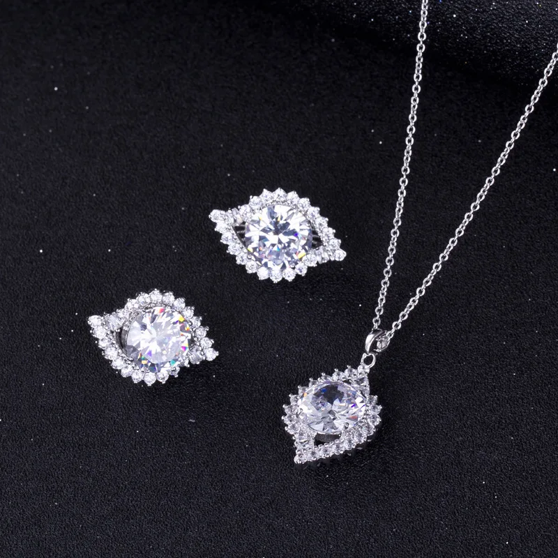 

Luxury Big Diamond Eye Stud Earrings 925 Sterling Silver Real S925 Cubic Zircon Pendant Necklace Short Chain Wedding Jewelry Set