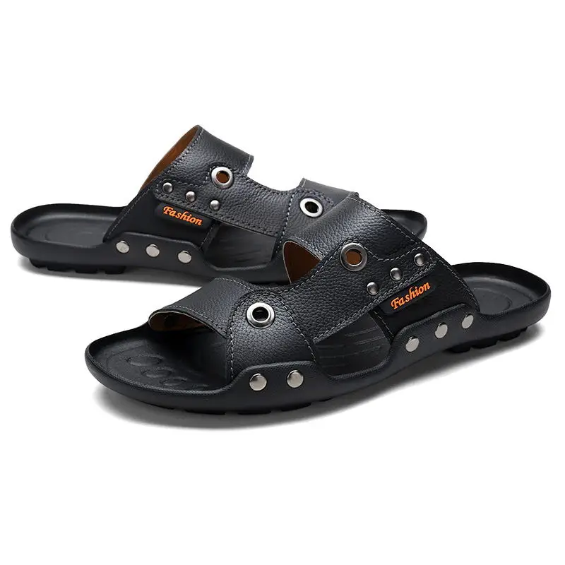 MIUBU брендовые летние из натуральной кожи Мужские тапочки мода металлической пряжкой Нескользящие сандалии пляжная обувь для Для мужчин