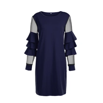 

Womens Soild Tops Dress Ladies Long Sleeve O Neck Straight Dress Mesh Patch Sleeve Female Casual Loose Summer Sundress