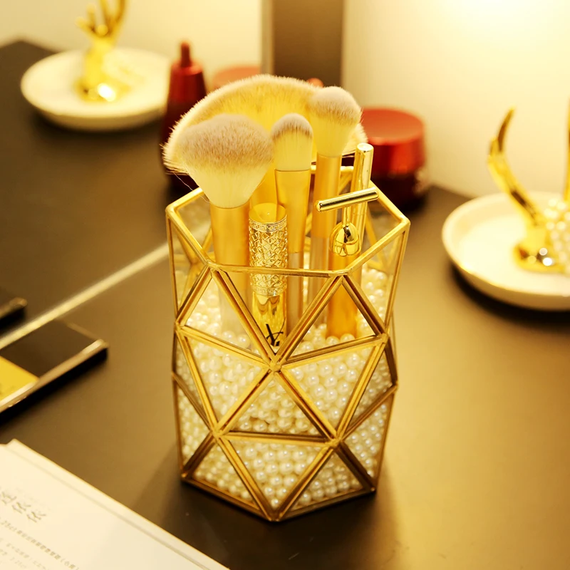 ANFEI Golden Glass Makeup Brush Storage Jewelry Holder Geometric Storage With Pearls Jewelry Organizer Box Dressing Table Decor