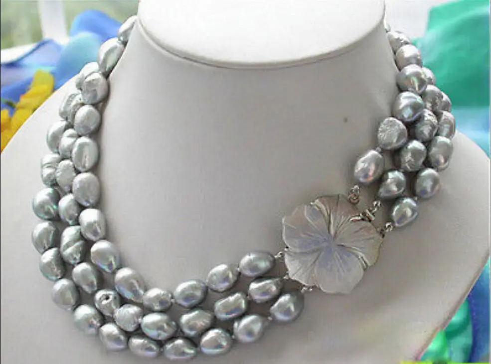 

Hot sale new Style >>>>>3 Row 10-12mm gray baroque freshwater cultured pearl Necklace 17-19