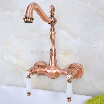 

Wall Mounted Antique Red Copper Dual Ceramic Handles Swivel Spout Kitchen Sink Mixer Tap / Bathroom Basin Faucets tnf947