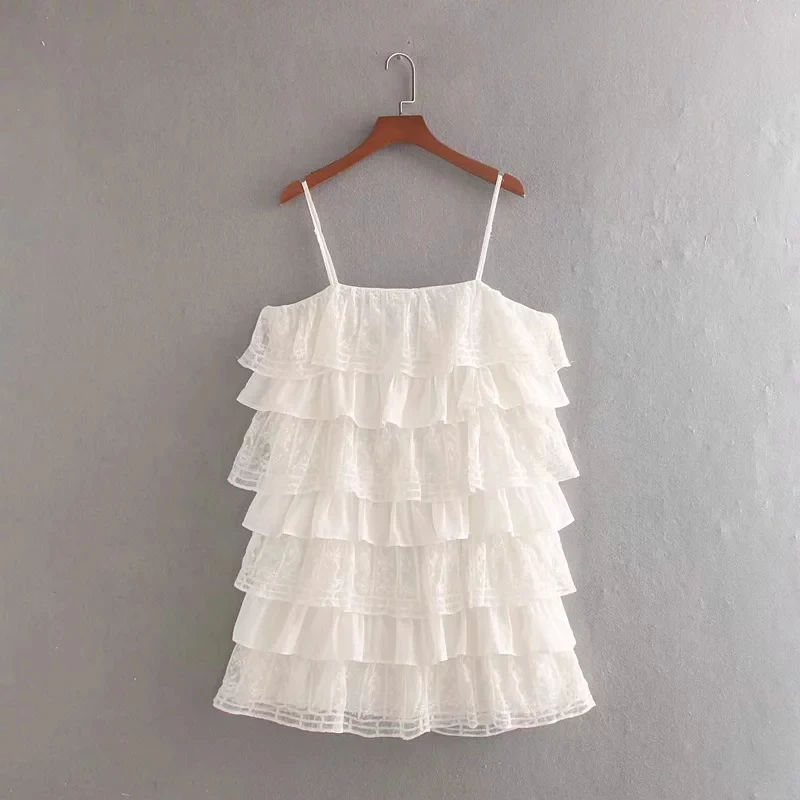

Women Cascading Ruffle Embroidery Mini Dress Leisure Female Sleeveless Tiered Dresses Summer Style Ladies D3107