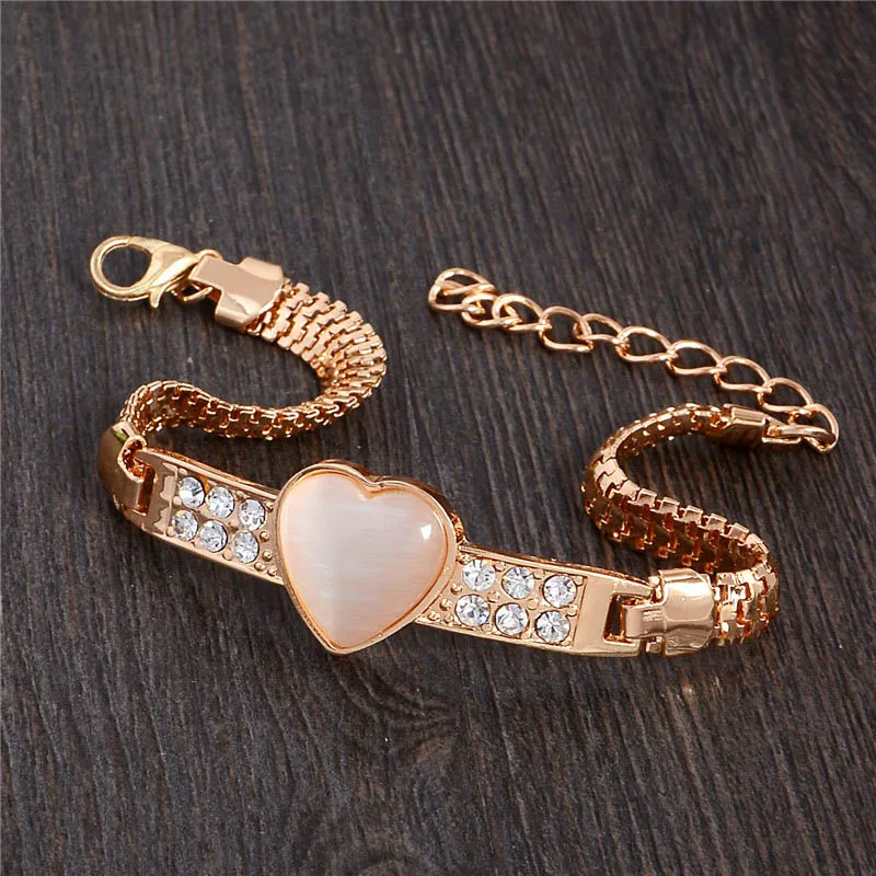 

QCOOLJLY Romantic Heart Bracelets Bangles Gold Color Charm Nature Stone Bracelet Austrian Crystal Bracelets For Women