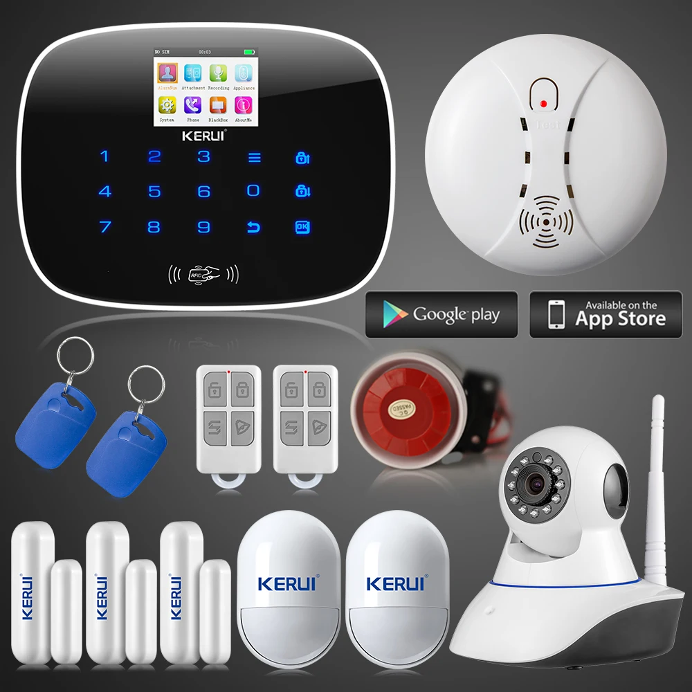 

KERUI G19 TFT cl UI menu Security home GSM alarm system+APP wifi IP camera+wireless smoke detector+RFID card