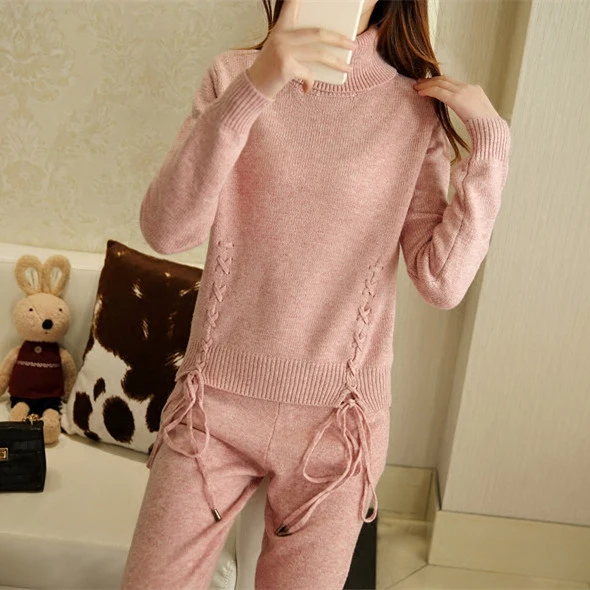 Europe and the United States in spring of 2018 new cashmere turtleneck hemp bow two piece suit female casual fashion tide |