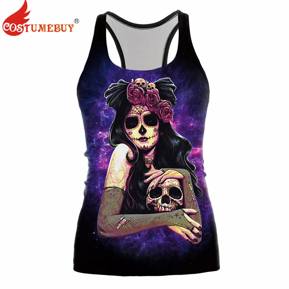 

CostumeBuy Women Jack Skellington Tank Top Vest Dark Sugar Halloween Cartoon Corpse Bride Printed Summer Top L920