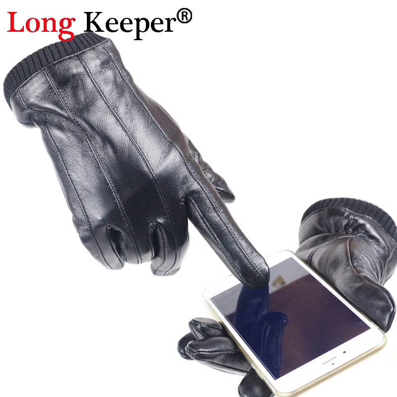 Long Keeper Touch Screen Genuine Leather Gloves Men Sheepskin Gloves