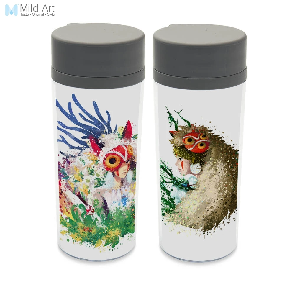 

Watercolor Japanese Anime Movie Miyazaki Princess Mononoke BPA Free Plastic Insulated Wide Mouth Kids Water Bottles 300ml Gifts