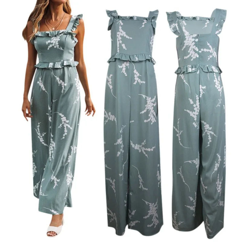 new sexy straps ruffled printed one-piece trousers women vintage backless print female Siamese trousers Lake Blue summer