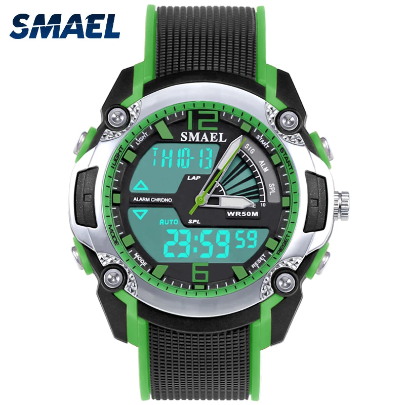 

Bright Green Coloured Watch Case Children Electronic Dual Display Pointer Type Analog Digital Luminous Background Clock 1343