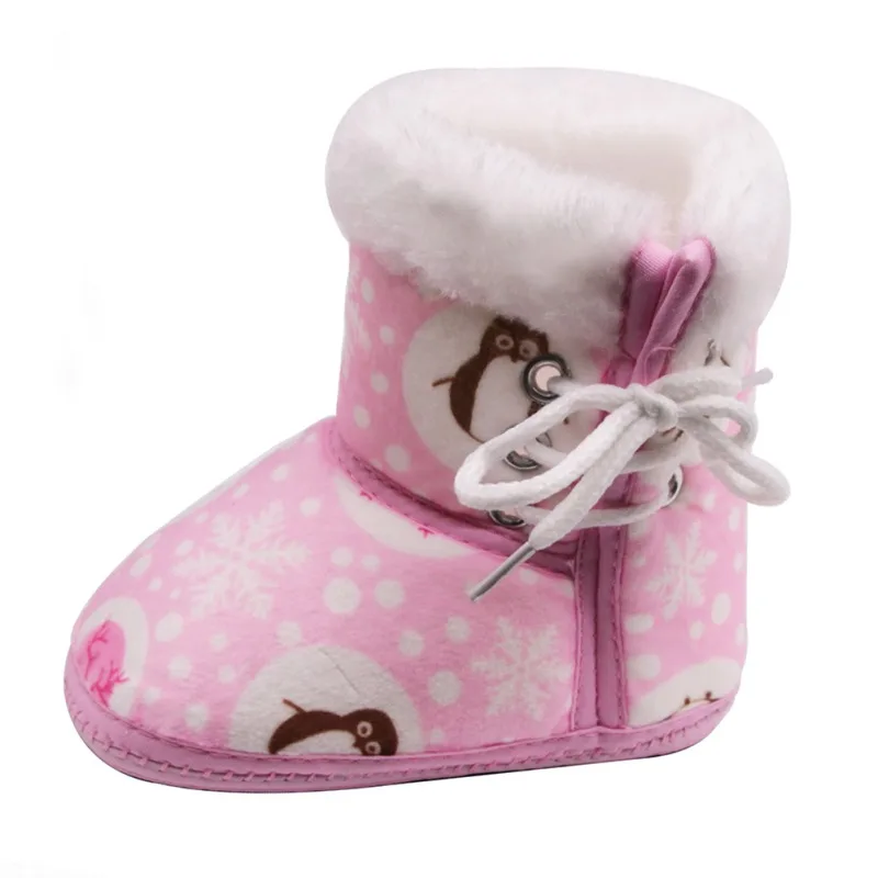 Baby Winter Boots Baby Girl Boots Soft Warm Snowflake Penguin Print Tube Baby Side Tie Cotton Shoes