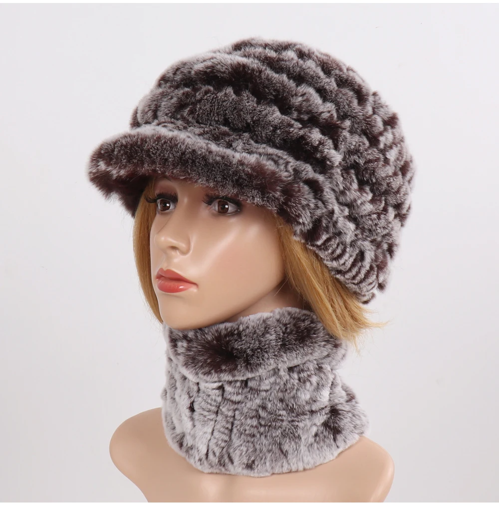 Зимний женский вязанный натуральная шерсть шапки, шарфы 100% натуральный теплый мех кролика рекс шапка наборы шарфов Дамская мода