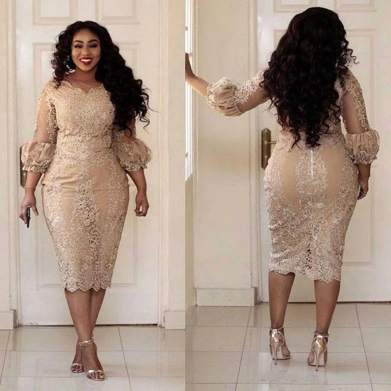 

Plus Size Lace Tea Length Evening Dresses V Neck Sheath Beaded Formal Dress Applique Short Evening Gowns With 3/4 Sleeve