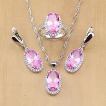 Mystic Pink Cubic Zirconia 925 Sterling Silver Bridal Jewelry Sets For Women Earrings/Pendant/Necklace/Ring zemior simple style jewelry sets for women 925 sterling silver inlay cubic zirconia sets ring necklace bracelet fine jewelry