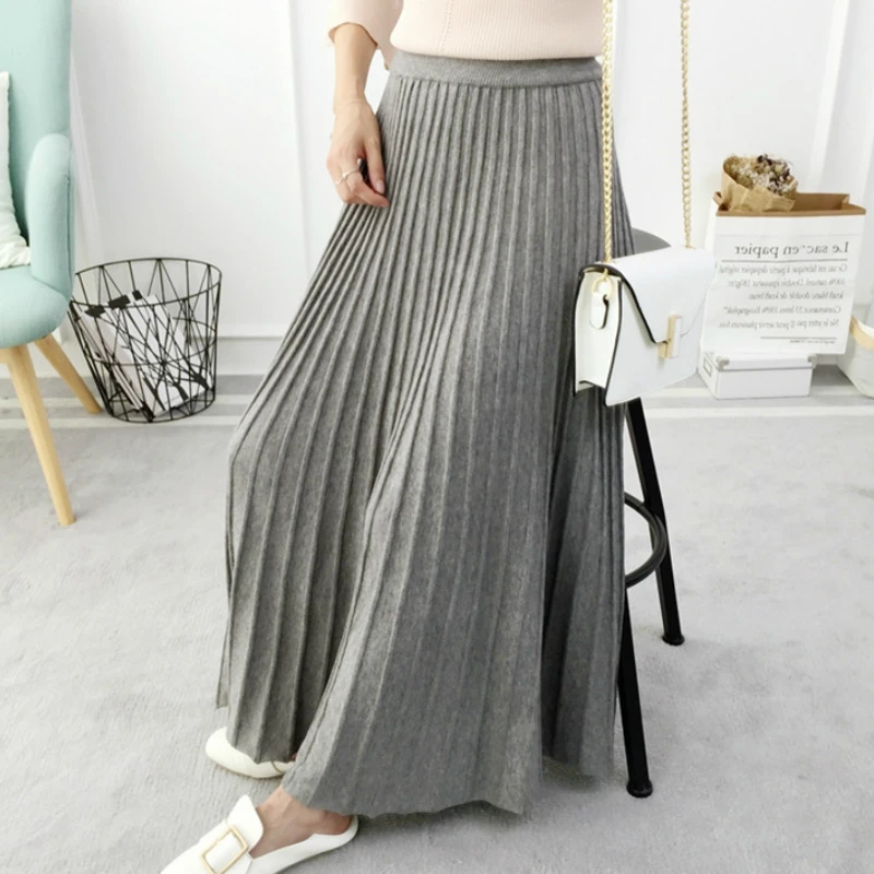 

SETWIGG Women's Autumn Draped Rib Pleated Long Knitted Skirt Elegant Winter Wool Blend A-line Long Knit Skirt Elastic Waist